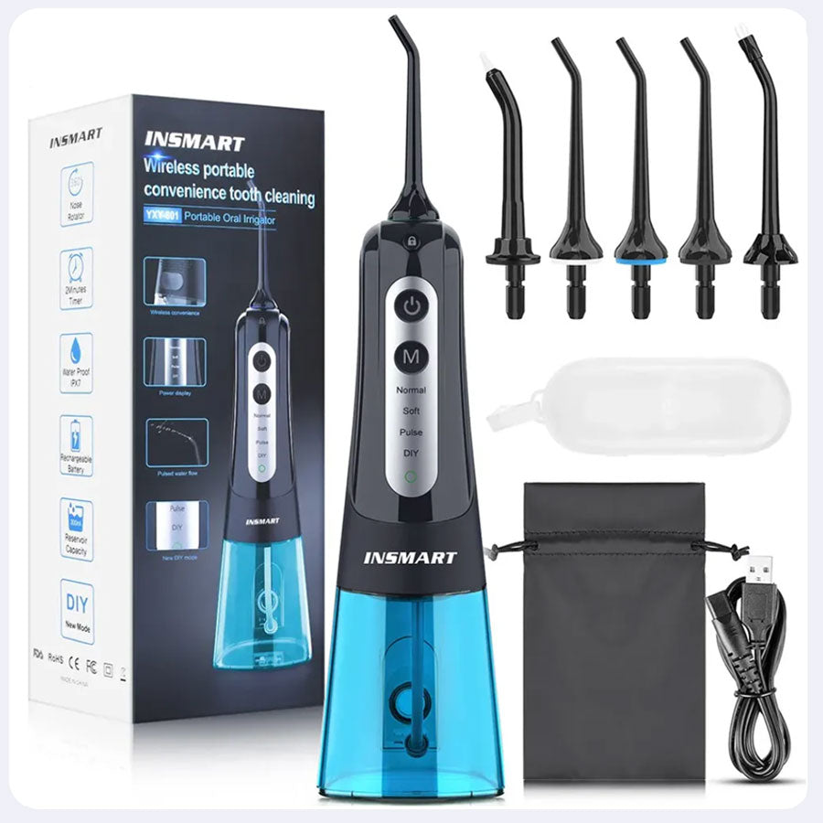 Dentaire jet Insmart 3gx bleu - 5 buses - Pochette de voyage - câble usb de recharge - monjetdentaire.fr