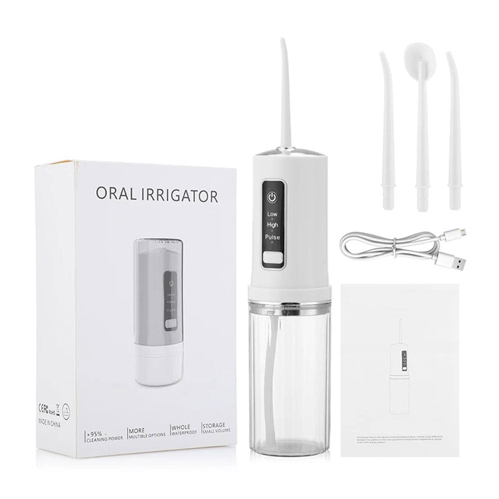 Jet dentaire de voyage rechargeable - Oral Irrigator F35 Blanc - 3 buses - un câble de charge - une notice - monjetdentaire.fr