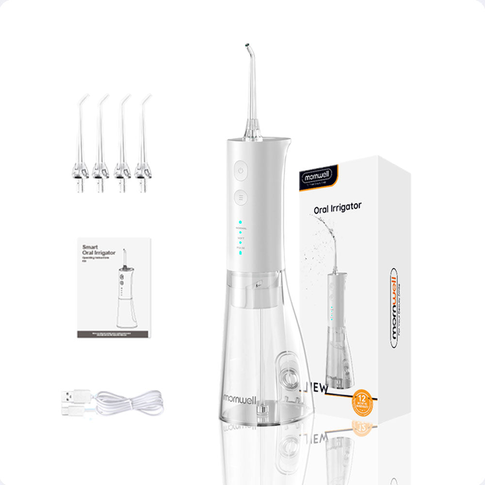 Jet dentaire gencives sensibles - Mornwell F29 Blanc - 4 buses - une notice - câble usb-c - monjetdentaire.fr