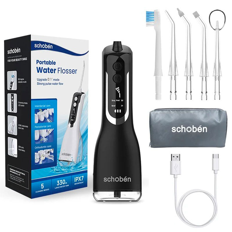 Jet dentaire pour appareil orthodontique - Schoben L12 Noir - 5 buses - 1 câble de recharge - une trousse de voyage - monjetdentaire.fr