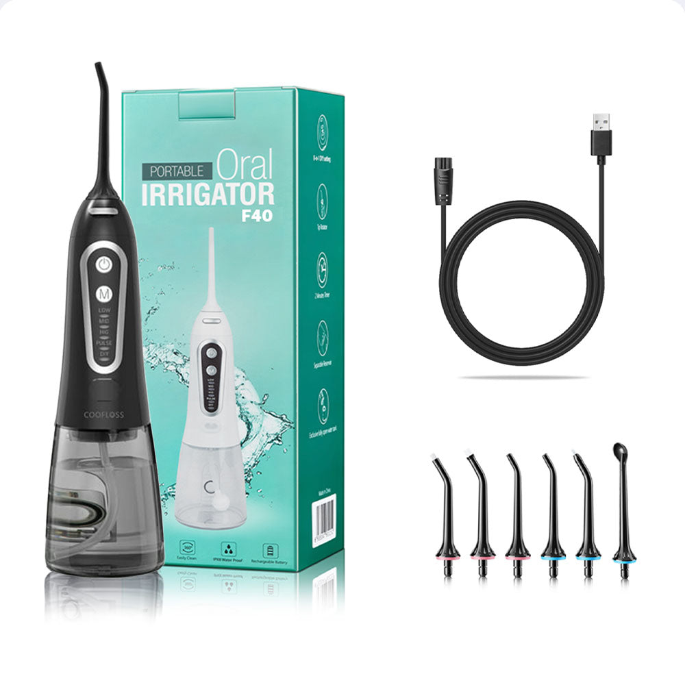 Jet dentaire pour implant - Oral Irrigator F40 Noir - 6 buses - un câble USB - monjetdentaire.fr