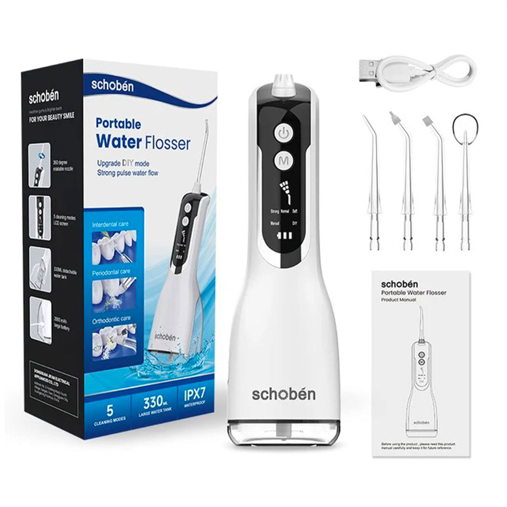 Jet dentaire sans fil rechargeable - Schoben L12 Blanc - 4 buses - une notice - un câble USB - monjetdentaire.fr