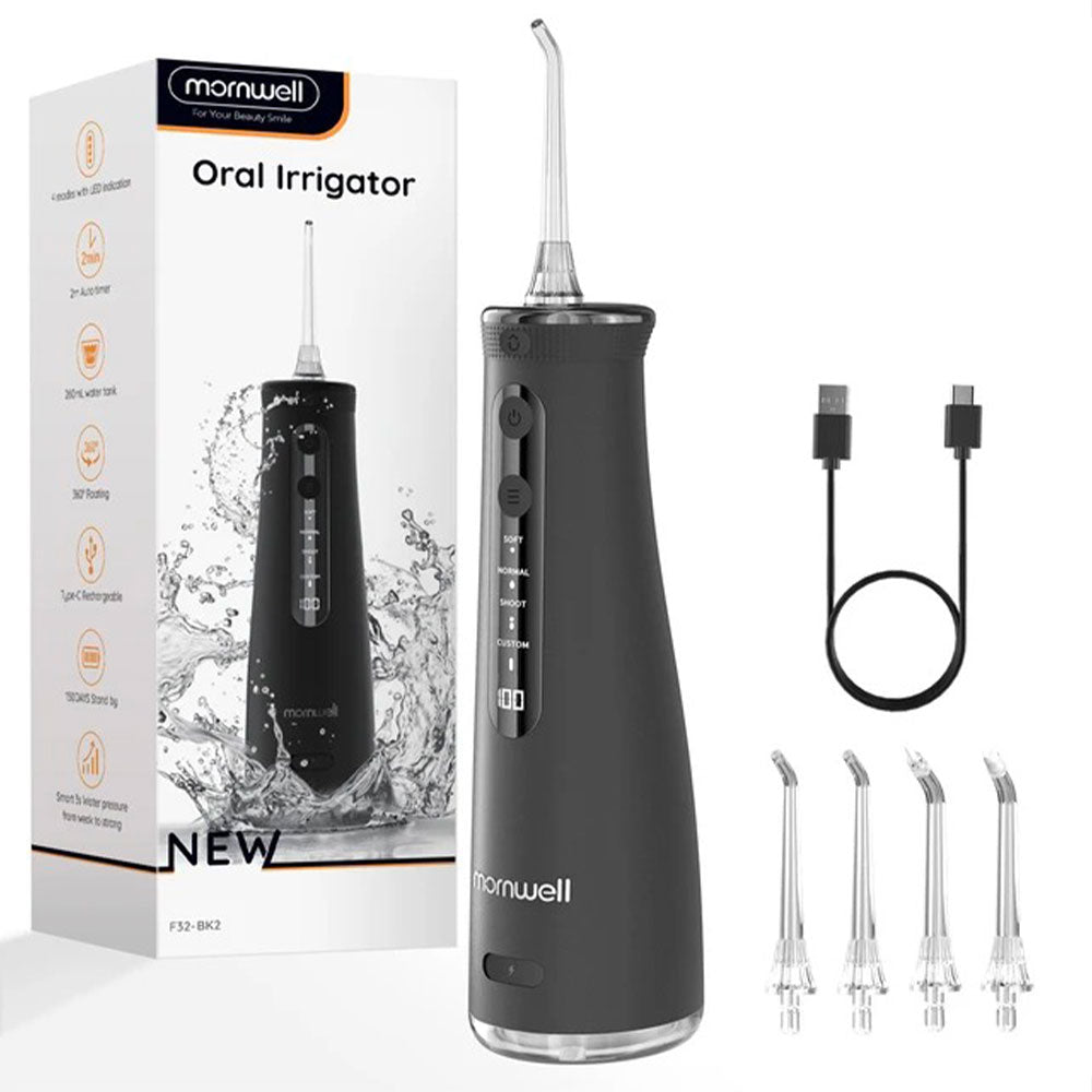 Jet dentaire rechargeable - Mornwell F52 Noir - 4 buses - un câble usb-c - monjetdentaire.fr