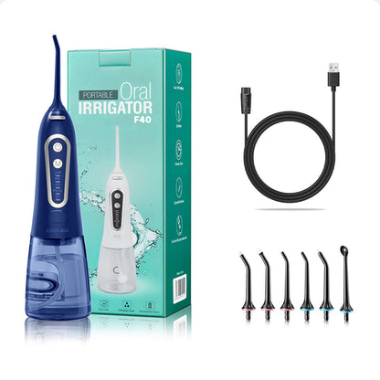 Jet hydropulseur dentaire - oral irrigator f40 bleu - câble de recharge usb - 6 buses - monjetdentaire.fr
